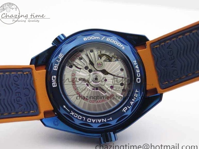 0818 FreshLook Planet Ocean 45mm GMT Blue DLC Black OMF Best Edition Blue Dial On Blue Gummy Strap A 8123